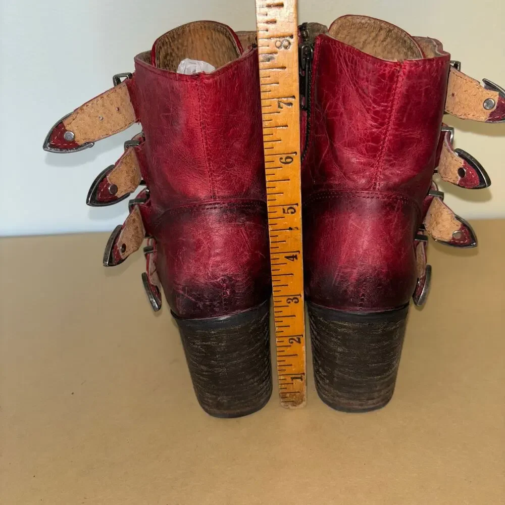 Circle G Women’s 7 Red Leather Ankle Boots Western Buckle Booties Made In Mexico - Picture 5 of 9
